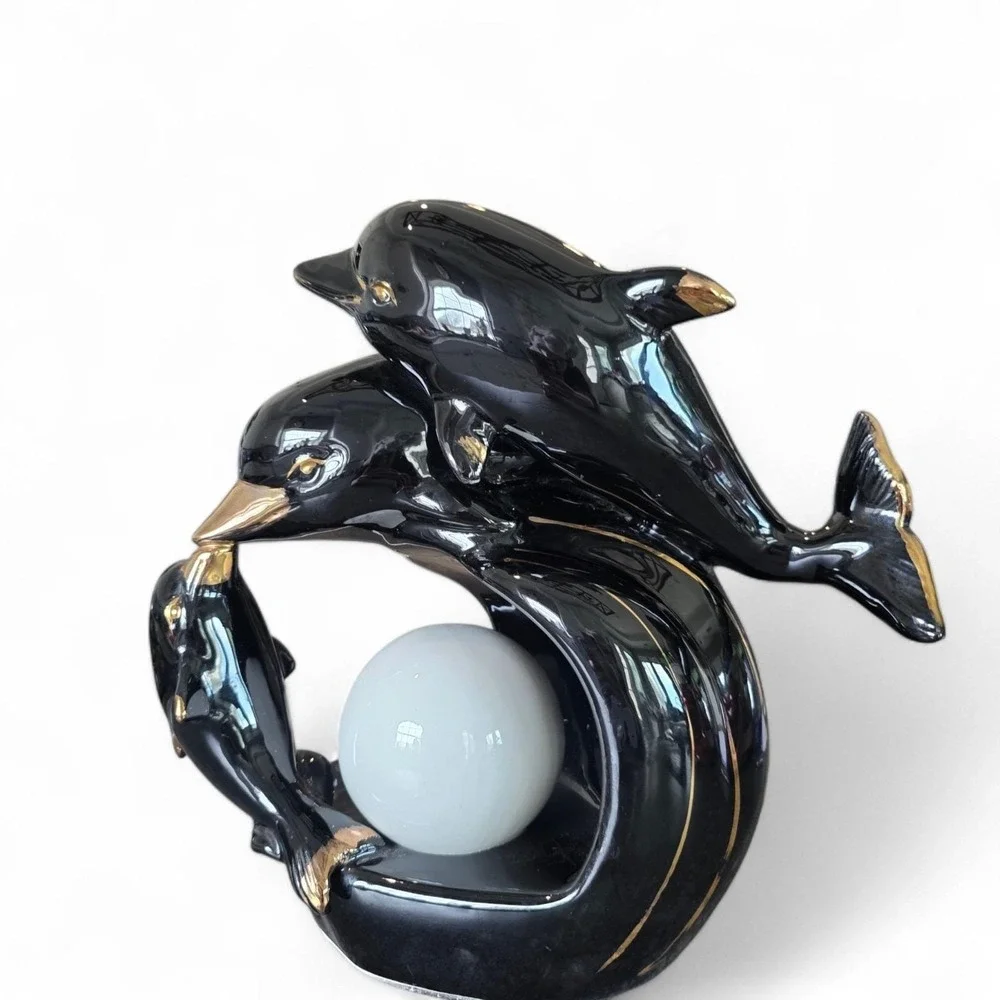 Vintage Dolphins TV Lamp 50's Black And Gold mcm Working Unique Gift